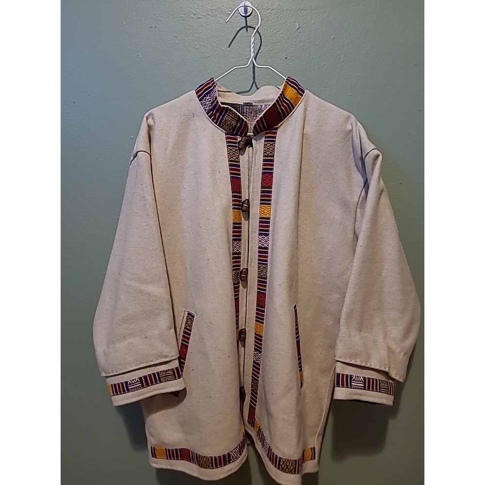 Vintage Handmade In Nepal 100% Wool Beige Coat With Colorful Detail‎ WomensLarge